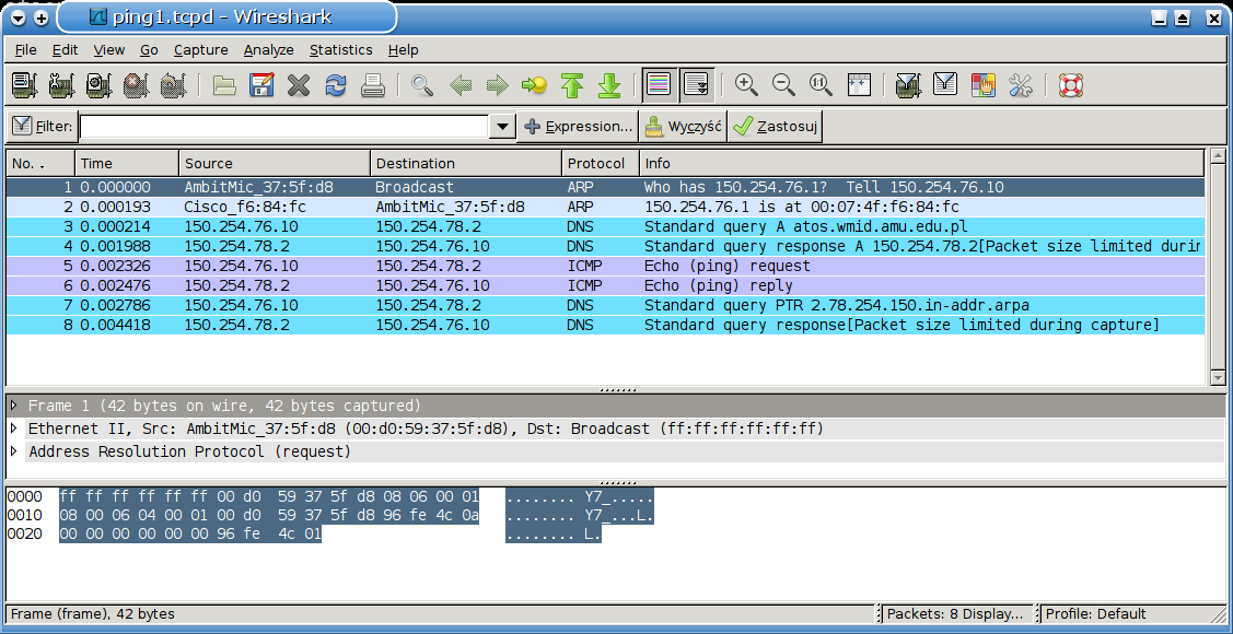 Okno Wireshark